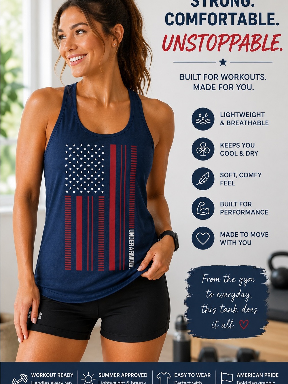 Under Armour Navy Tank with Red & White Flag Graphic